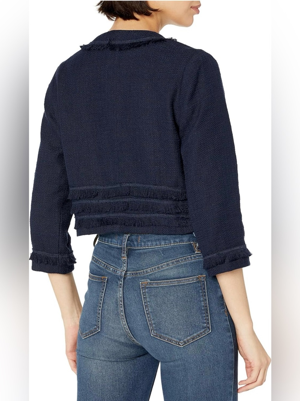 Karl Lagerfeld Navy Tweed Cropped Fringe-Trim Blazer - Picture 5 of 8